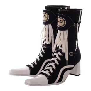 王霏霏谢金燕同款/西游妖魔·赤身鬼/中筒靴女帅气帆布粗高跟复古