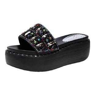 高跟百搭一字凉拖松糕女夏厚底增高水钻亮片外穿拖鞋新款2024时尚