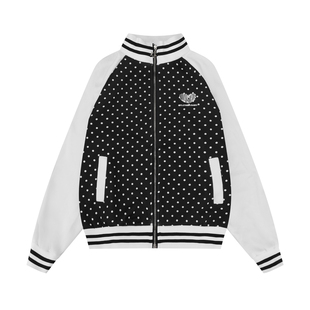 REOY Stu”直井怜同款韩系波点棒球服女黑白撞色设计感拉链外套