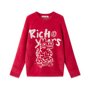 【马唬联名】三福2026春季男士毛衣趣味宽松圆领针织衫毛衫516478