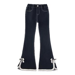 女童加绒裤子秋冬2025新款中大童加厚微喇牛仔长裤秋季儿童喇叭裤