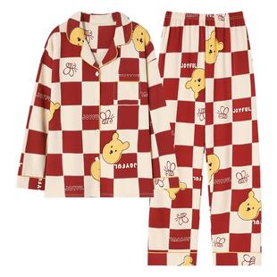 情侣睡衣女春秋款纯棉长袖新婚格子红色家居服男士结婚本命年套装