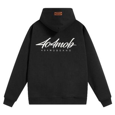 404MOB艺术字体印花连帽卫衣男
