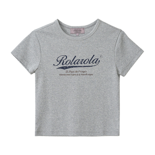 [张元英同款]ROLAROLA25年短袖纯棉T恤女圆领上衣复古裂纹logo
