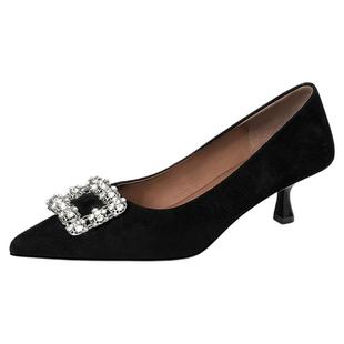 星期六英伦风高跟鞋女2025真皮细跟浅口尖头水钻单鞋晚宴时装女鞋