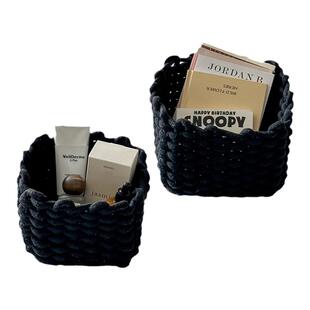 收纳盒桌面杂物收纳筐化妆品零食玄关手工编织棉线储物筐方型筐子