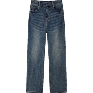 森柔牛仔|森马牛仔裤女复古简约长裤休闲秋季半松紧腰直筒裤通勤