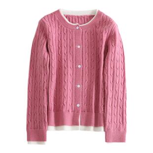 朗!温柔粉色假两件毛衣2025春季减龄撞色圆领绞花软糯针织开衫女