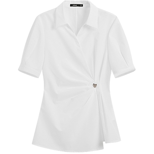 KBNE法式扭结收腰设计感白色衬衫女装2026夏季新款泡泡袖短袖衬衣