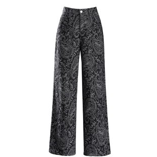 老钱风黑色印花牛仔裤女2026新款春秋腰果花阔腿裤宽松显瘦直筒裤