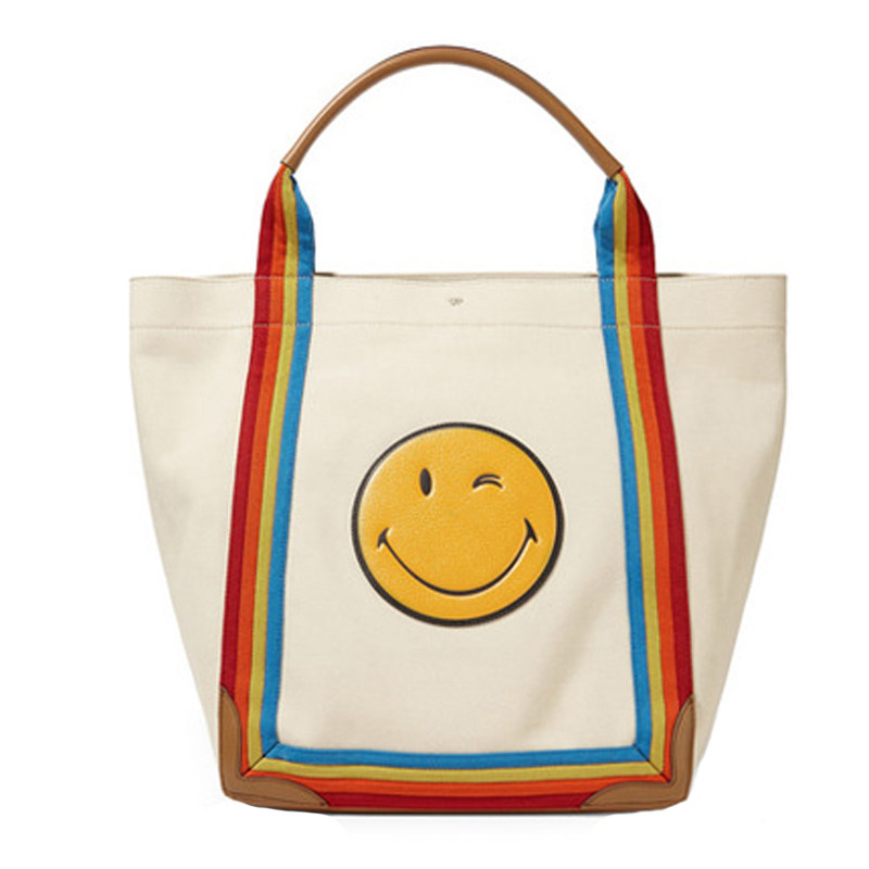 笑脸帆布托特包大容量anya蝴蝶结彩虹织带手提单肩包牛皮质感女包