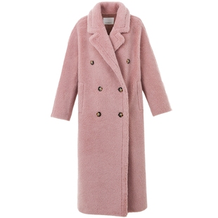 LANCY/朗姿2025冬季新款双排扣泰迪熊长款大衣女气质保暖羊毛外套