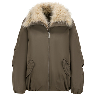 几何单元冬季毛领环保皮草拼接外套90白鸭绒派克短款羽绒服女外套