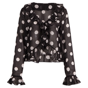 OTHERSTORE 波点迷情 黑色荷叶边V领波点衬衫女设计显瘦短款上衣