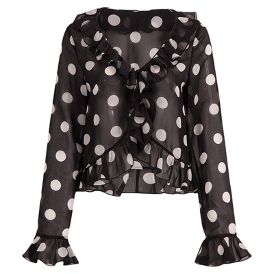 黑色V领波点衬衫设计感长袖上衣