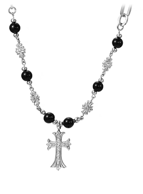正品十字架黑色拼珠男女项链