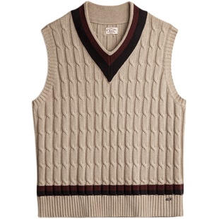 马登工装美式复古IVY针织V领毛衣背心学院风撞色绞花无袖马甲男秋