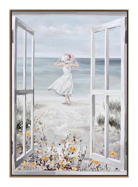房间人物手绘油画海边女孩布壁画