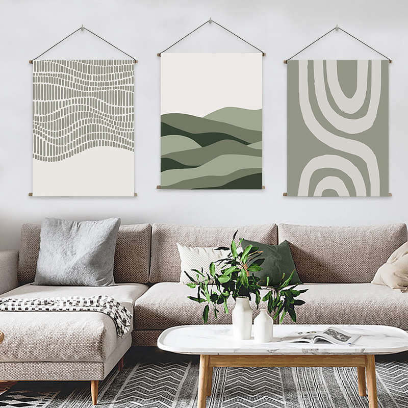 手绘现代简约轻奢抽象壁毯玄关绿色几何装饰画客厅竖版挂画挂毯
