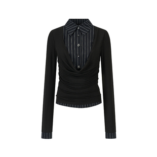 创世纪元【白羽素帛】2026早春上衣女天丝羊毛荡领修身衬衫领T恤