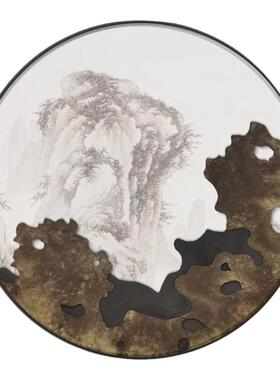 客厅装饰画圆形肌理太湖石抽象背景墙实物壁画新中式过道餐厅挂画