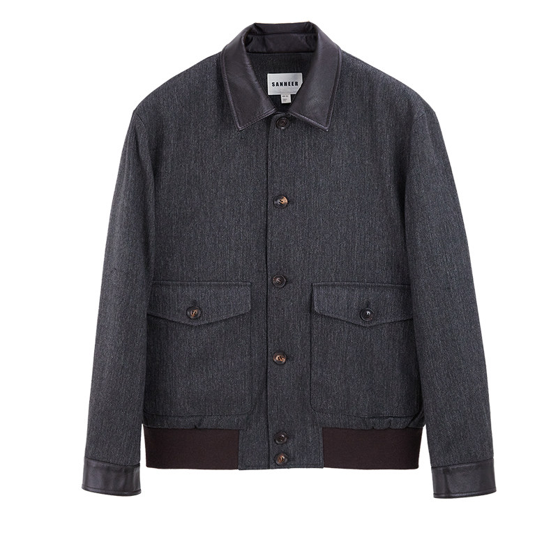 意式复古绅士 色织人字纹羊毛 真皮领部厚款夹棉翻领夹克 DAJ364