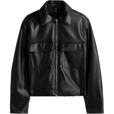 HM女装短外套冬季newvintage新复古风修身长袖黑色皮夹克1254862