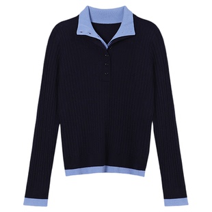 大洪洪【撞色polo】早春款绵羊毛混纺针织衫女显瘦撞色假两件毛衣