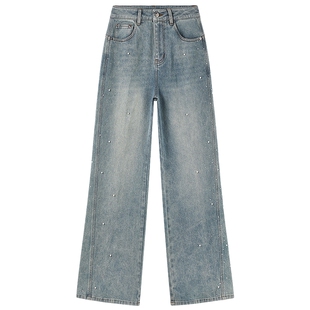 秋水伊人时尚重工手工钉珠烫钻牛仔裤2026年春季新款通勤直筒裤子