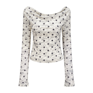 Go Girl Go 自制法式波点性感一字肩上衣早秋长袖T恤女修身