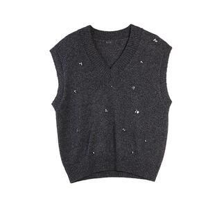 ELLE摩登重工绵羊毛钉钻针织马甲女2025冬新款设计感通勤马夹上衣