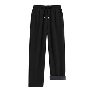 猫人加绒男裤2025新款冬季美式复古宽松黑色运动裤加厚裤子男款J