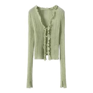 爱你徐若晗沈惜凡同款绿色木耳边针织开衫女开春薄款气质修身上衣