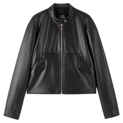 太平鸟金扣小立领仿蛋白PU皮衣外套女25年新款截短式机车皮衣