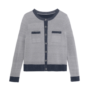 浅秋小香风圆领钉扣撞色收边羊毛针织开衫外套2A30310