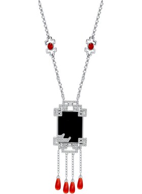 瑞红中国风黑玛瑙纯银毛衣链女