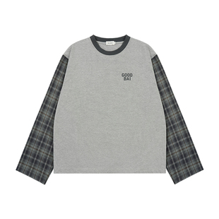 GOODBAI 粗体logo印花撞色拼接圆领oversize长袖T恤