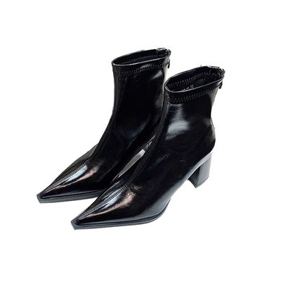 尖头高跟短靴黑色拉链粗跟瘦瘦靴