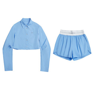 KSSS运动通勤系列 羊腿袖抽褶短款箱型多巴胺长袖衬衫短裤套装夏