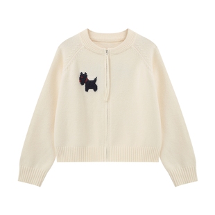 Basic House/百家好绿色圆领针织开衫女刺绣拉链款宽松毛衣外套秋