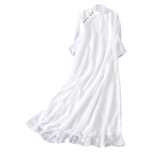 新中式立领仙气茶服女夏季禅意文艺复古长裙七分袖白色旗袍连衣裙
