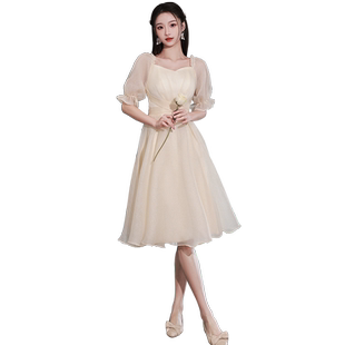 香槟色伴娘服中长款2024新款秋季姐妹团显瘦气质学生毕业小礼服裙