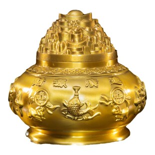 纯铜带盖聚宝盆摆件五路财神聚宝盆大小号家居客厅办公室店铺装饰