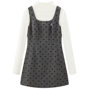 乐町假两件拼接连衣裙年冬季新款复古波点格雷系显瘦A版连衣裙