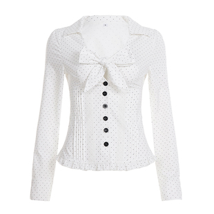 EILOVE 法式复古荷叶边下摆波点衬衫胸前蝴蝶结绑带设计翻领上衣