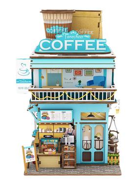 迷你街景微缩建筑模型感应收纳屋手工拼装DIY咖啡小屋海角咖啡馆