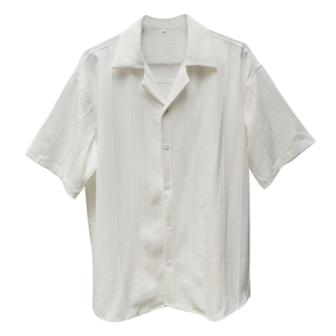 原创古巴领免烫竖条纹理设计感男半短袖衬衫宽松高级垂坠休闲夏季
