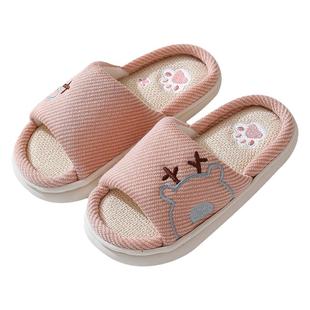 一家三口儿童亲子四季亚麻拖鞋女童男童厚底居家用卡通棉麻不臭脚