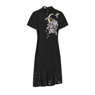 国风复古黑色旗袍春夏季2025新款年轻款少女性感刺绣新中式连衣裙