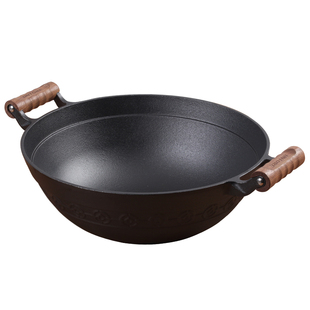 铸彩铸铁锅双耳铁锅家用不粘加深大炒菜锅圆底老式无涂层生铁炒锅